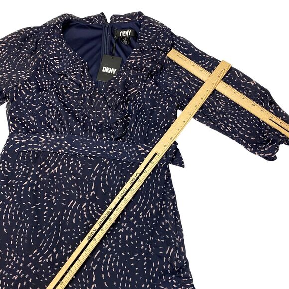 DKNY Dress Women's 12 Navy Pink Sheer Balloon Sleeve Lined Tie Waist Back Zip - Picture 8 of 16